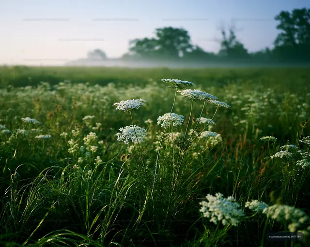 Morning fog over a field with white flowers and greenery