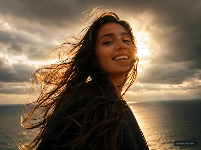 Woman stands by the ocean with hair blowing in the wind