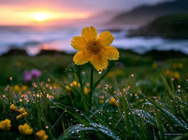 Close-up of a yellow flower with water droplets at sunset