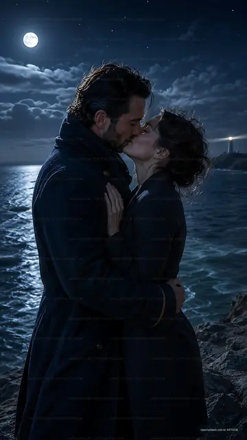Romantic couple kissing near the shore under a full moon