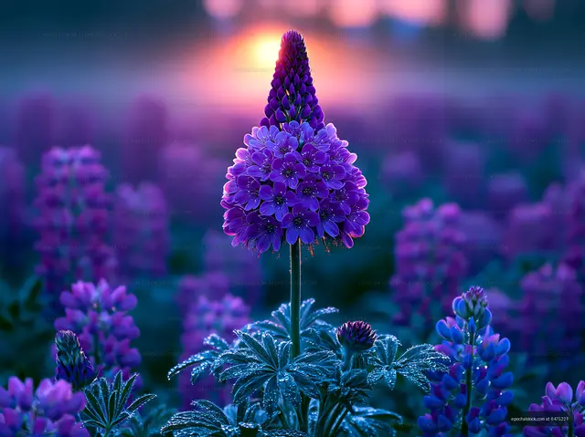 Purple flowers blooming in a field at sunset
