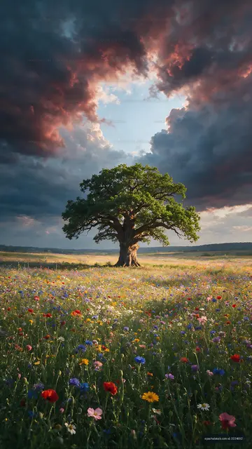 Lone tree in colorful flower field under dramatic clouds