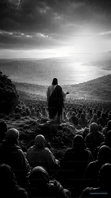 Figures listening to a speaker in a dramatic landscape during rain