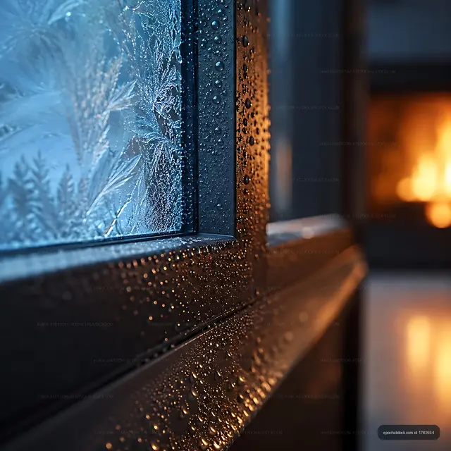 Raindrops on window with warm fire in background