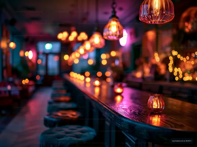 Cozy bar with warm lighting and decorative candles at night