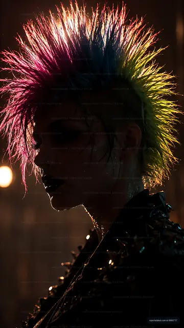 Punk hairstyle with colorful spikes in low light setting