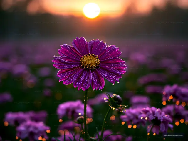 Purple flower with dew at sunrise in a field
