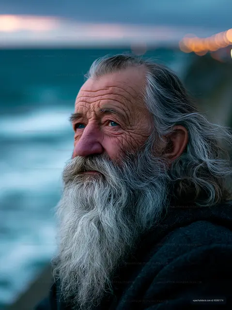 Elderly man with gray beard by the ocean during sunset