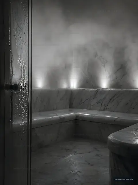 Steam fills a marble sauna with soft lighting at a wellness center