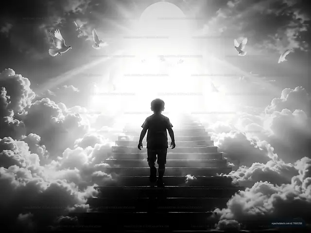 Child walking up stairs into light with doves in the background