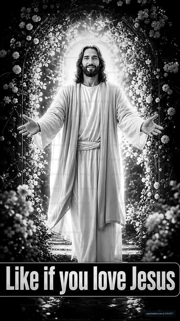 Jesus standing with open arms surrounded by flowers