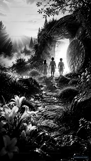 Children walking towards a glowing entrance in nature