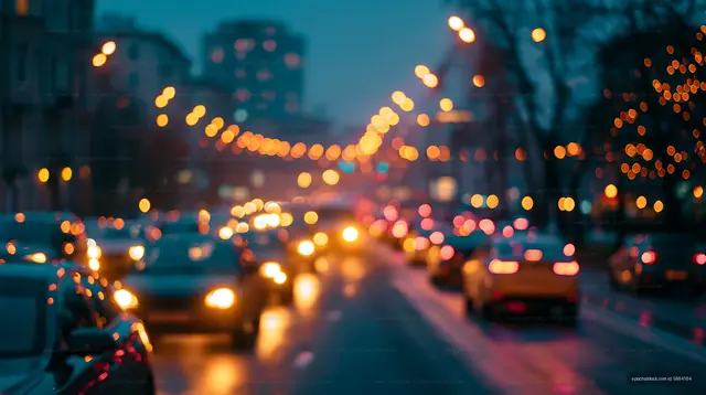 Evening traffic with blurred lights in a city street