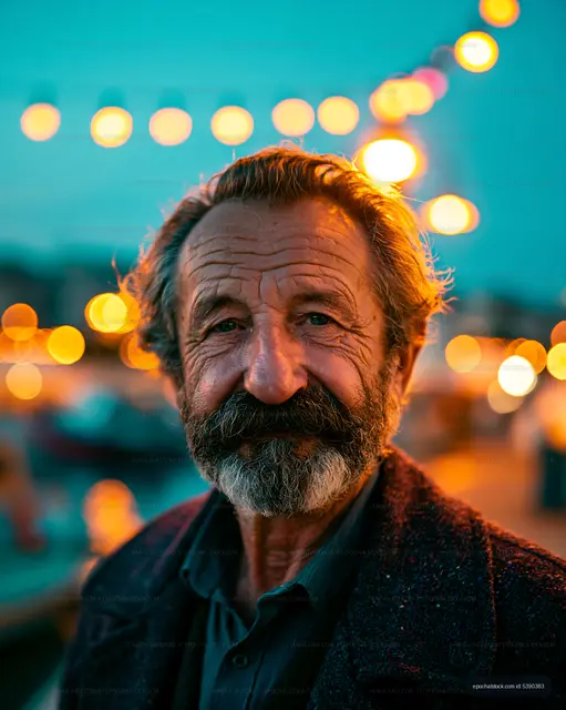 Portrait of a man outdoors near decorative lights at sunset
