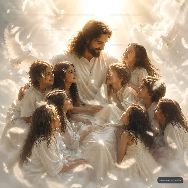 Children gather around a figure in a bright cloud setting
