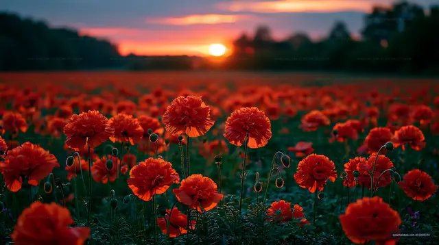 Vibrant red flower field during sunset