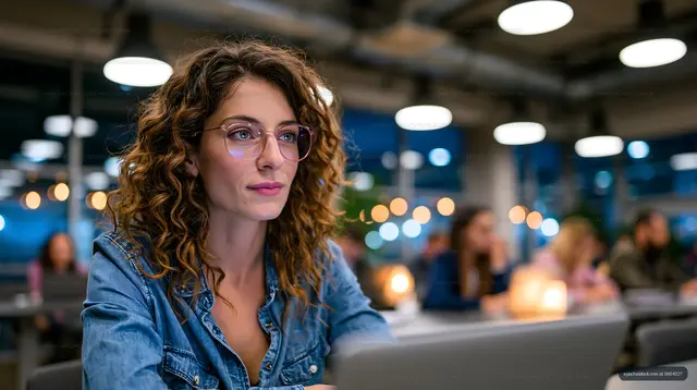 Woman working on laptop in a busy cafe during evening hours