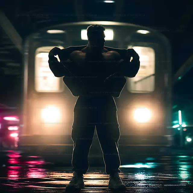 Nighttime silhouette of a man near a subway station