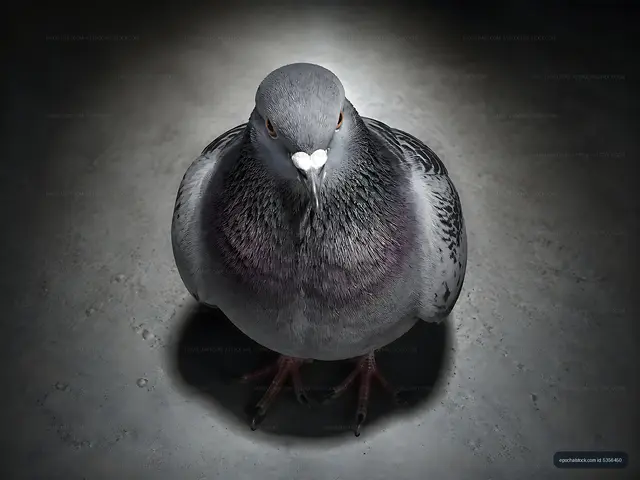 Gray pigeon standing on a concrete surface in low light