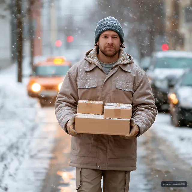 Man carrying boxes in snowy urban street during winter