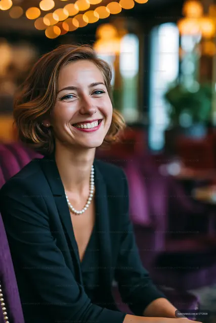Woman smiling in a stylish cafe with soft lighting