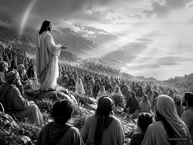 Man speaks to crowd on a hillside with mountains in background