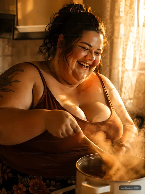 Woman cooking in kitchen with warm light and steam