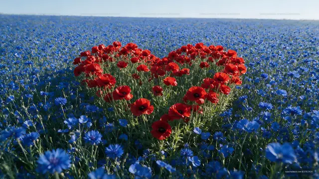 Red and blue flowers in heart shape in a field