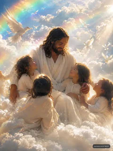 Jesus sitting in clouds with children and doves around