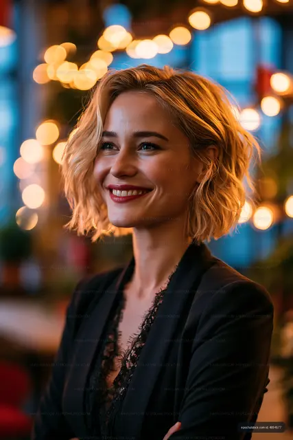 Woman smiling in indoor venue with warm lights