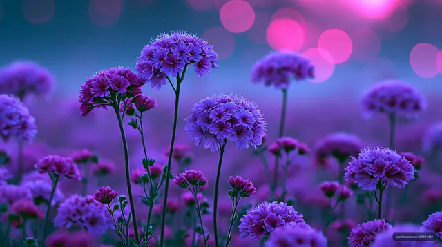 Flowers blooming in a field at twilight with purple colors