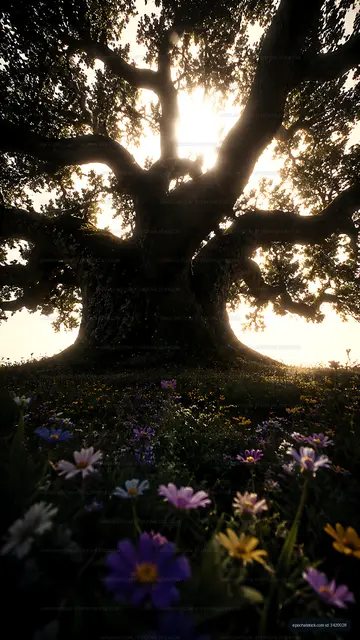 Sun shining through large tree with flowers on the ground