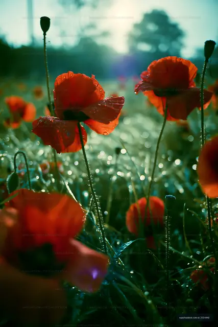 Poppy flowers in a field during early morning light