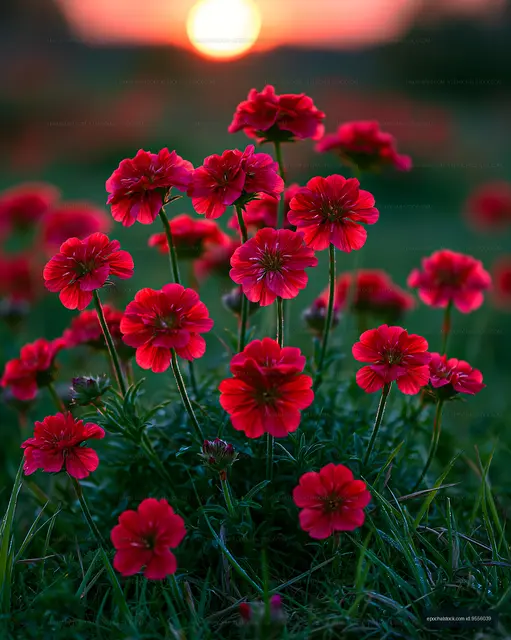 Red flowers blooming at sunset in a grassy field