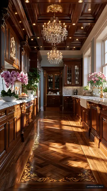 Elegant kitchen interior with wooden cabinets and chandeliers