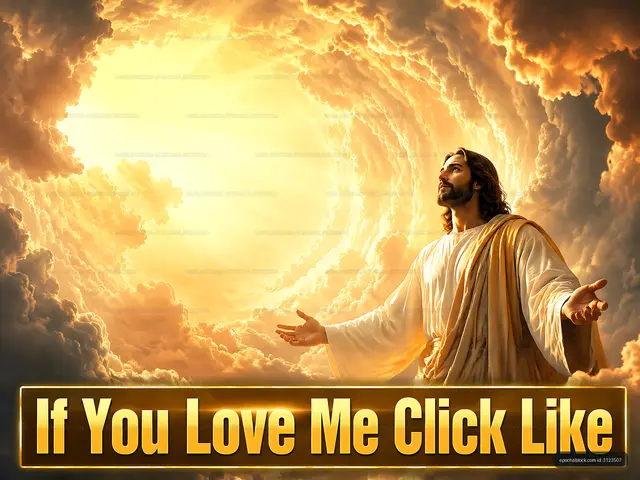 Jesus figure with outstretched arms in a glowing cloud background