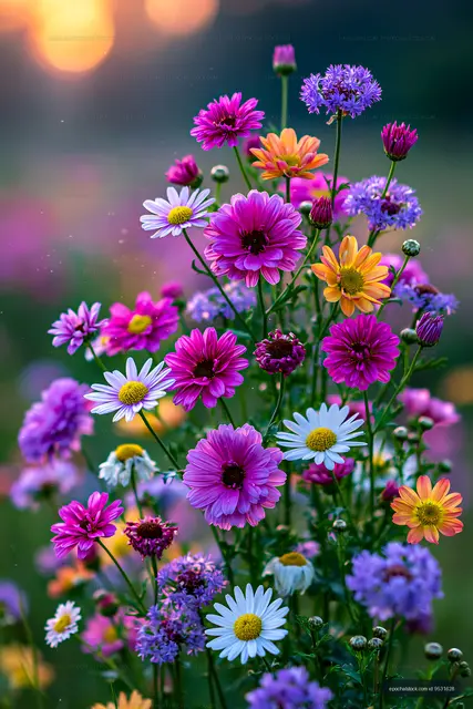 Colorful wildflowers in bloom at sunset in a serene field