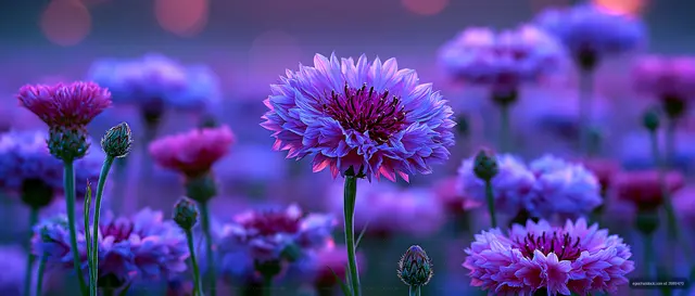 Colorful flowers bloom in a field during sunset