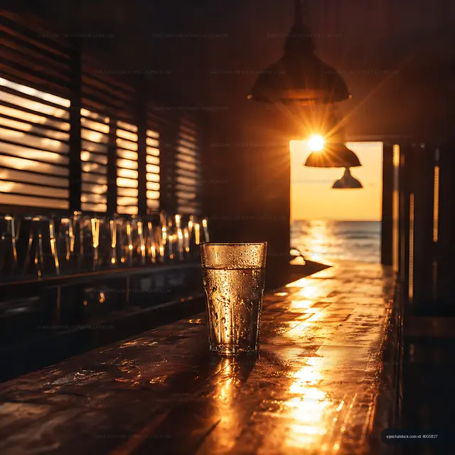 Glass of water at sunset on a wooden bar by the sea