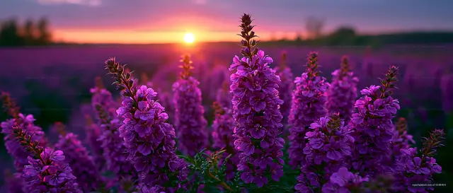 Sunset over a field of purple flowers