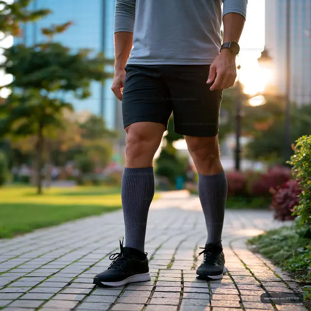 Man walking in a park at sunset wearing sports attire