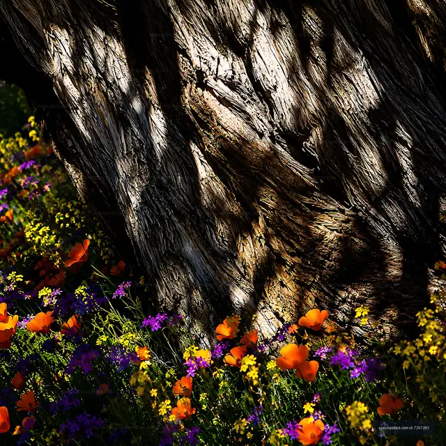 Wildflowers bloom near a tree trunk in natural light