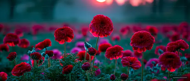 Red flowers in a field at sunset