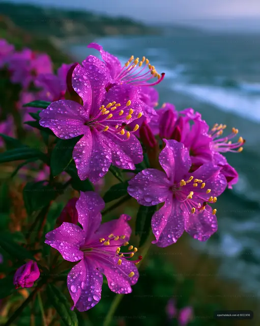 Purple flowers with raindrops near the ocean coast