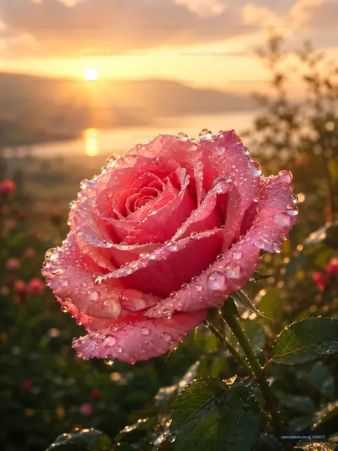 Sunset over a pink rose with water droplets in a garden
