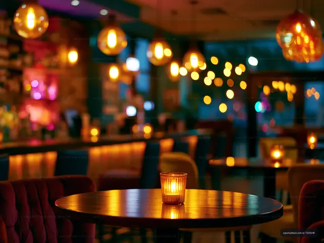 Cozy bar interior with candles on tables in evening light
