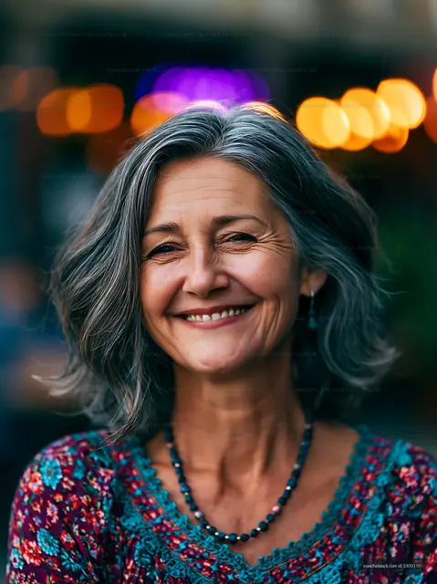 Smiling woman with gray hair in a colorful top outdoors
