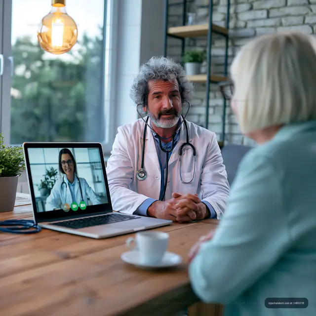 Doctor consulting with patient through video call in modern office