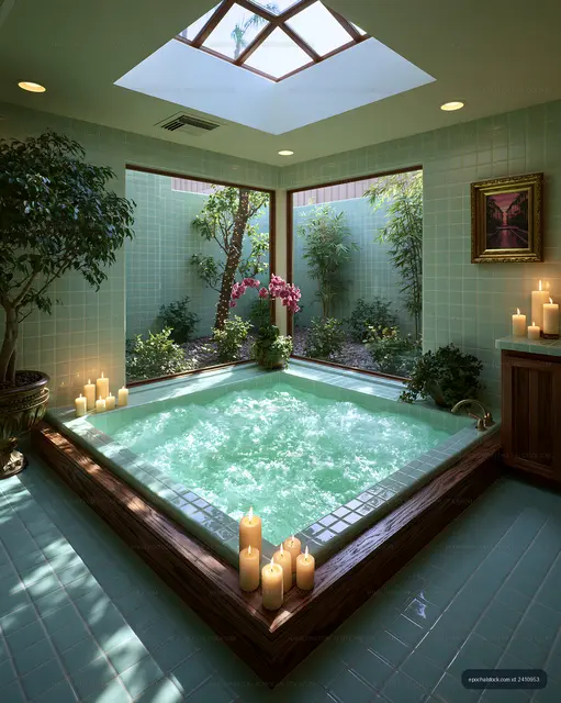 Indoor spa area with plants and candles near a hot tub
