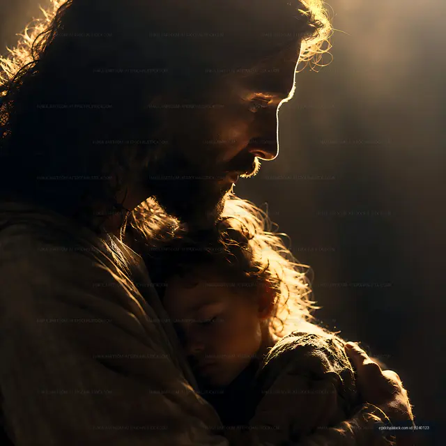Jesus holding a child with soft light in a dark background